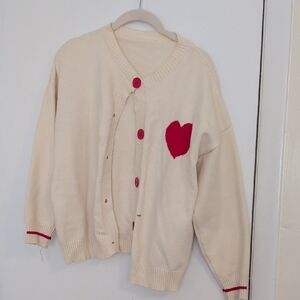 Cream Cardigan with Red Heart and Buttons